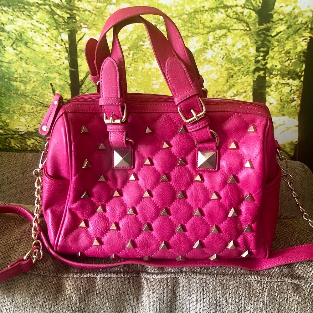 NEW✨ Hot Pink Gold Vegan Leather Studded Handbag Satchel Crossbody Barrel Bag